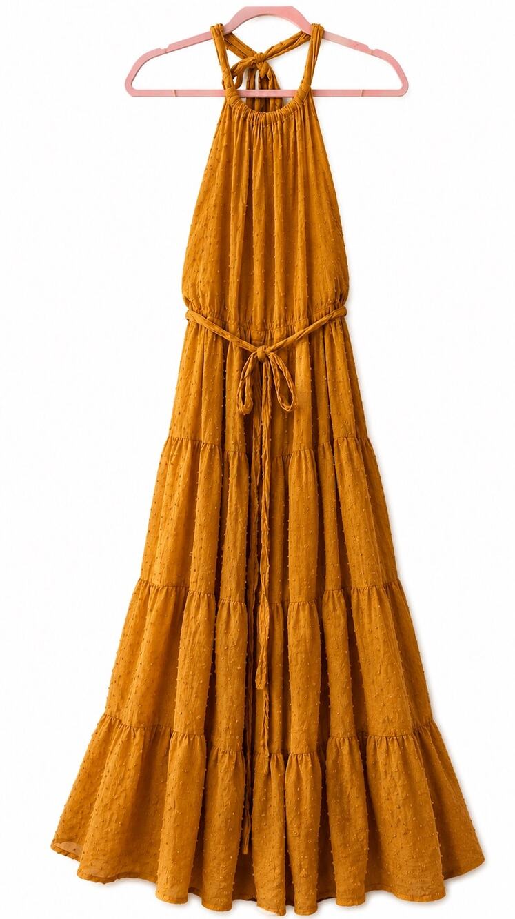 Dress Forum Los Angeles Maxi Dress S Mustard Cotton Swiss Dot Halter Open Back